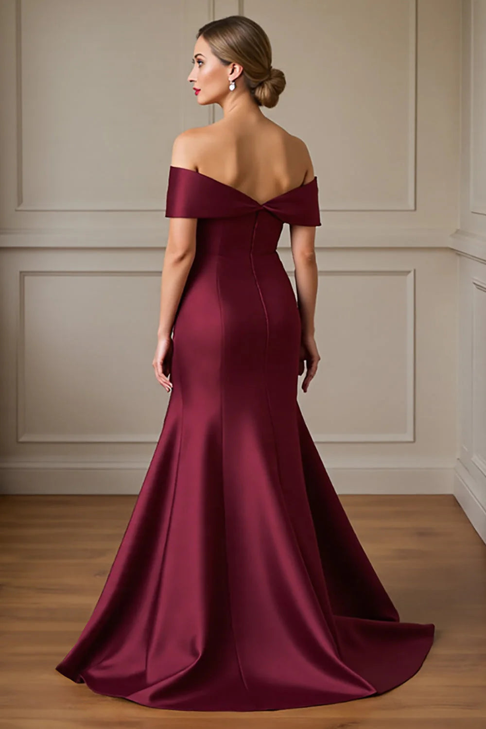Burgundy Satin Mermaid Off the Shoulder Long Full Of Charm Mother of Bride Dress